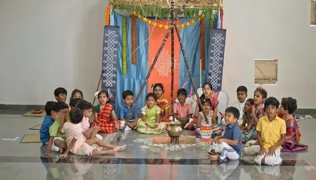 Children gathered for a Pongal cultural celebration